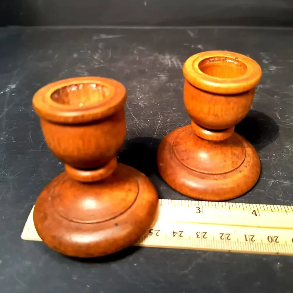 1996.  Pair Vintage  Hand Turned Wooden Candlestick Holders Round Base